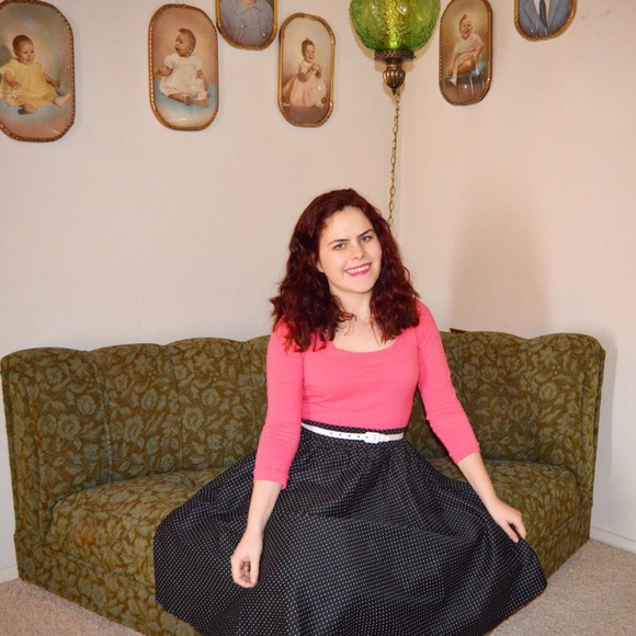 Pinup girl clothing is dress with pink too and black and polka dot skirt - Picture 1 of 5